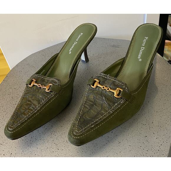 PIERRE DUMAS Kitten Heel Mule Croc Embossed Suede Deep Green Gold Buckle Sz. 11M - Picture 3 of 15